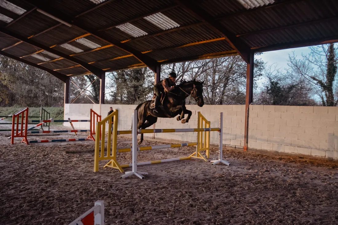 Saut d'obstacles sous un manège couvert